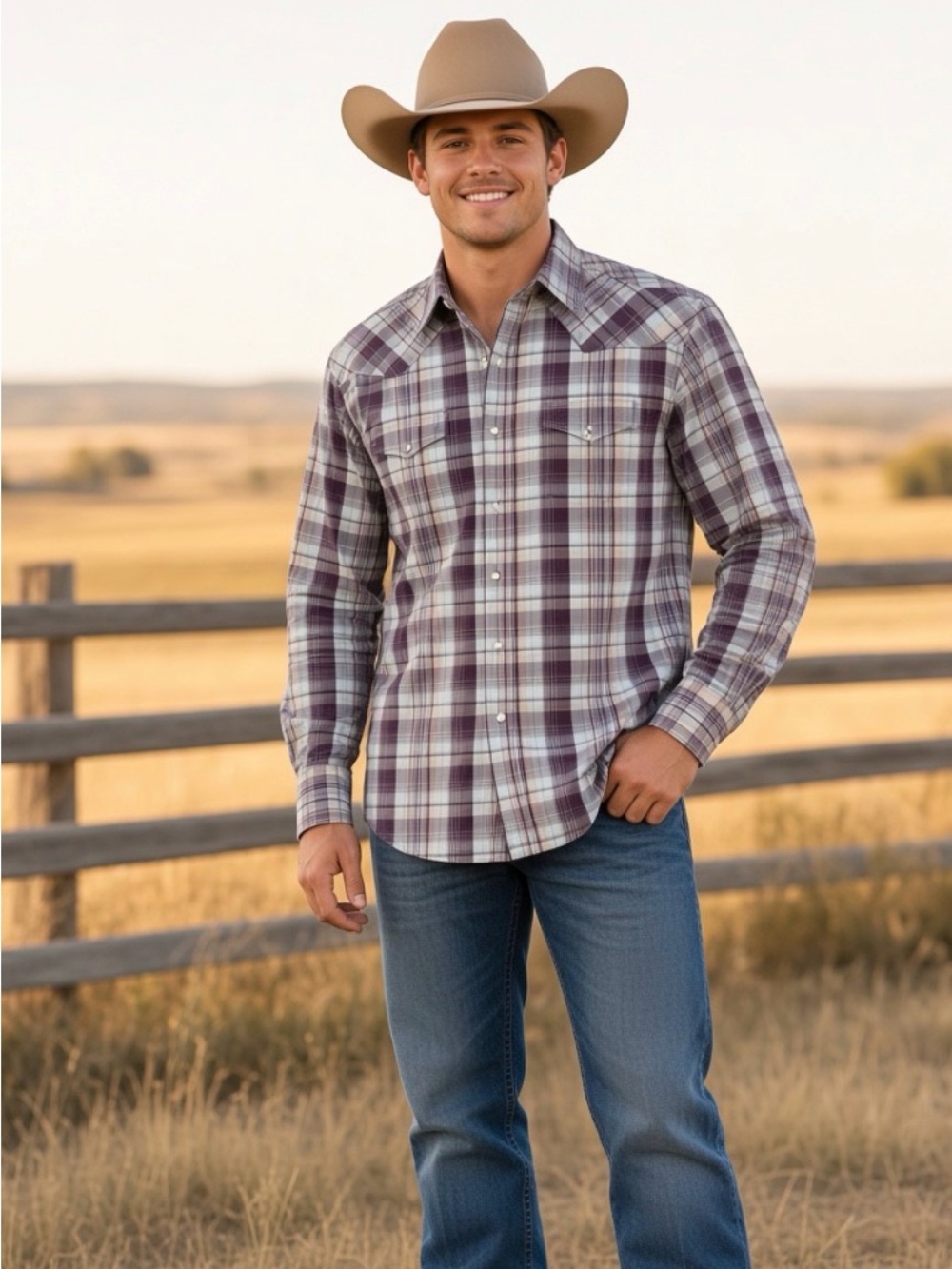 Stetson Western Pearl Snap Long Sleeve Cowboy Shirt Deep Purple Plaid Mens L